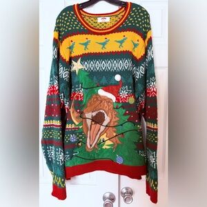 Holiday Time Ugly Christmas Sweater Dinosaur T-Rex Santa Tree Size 2XL Long
